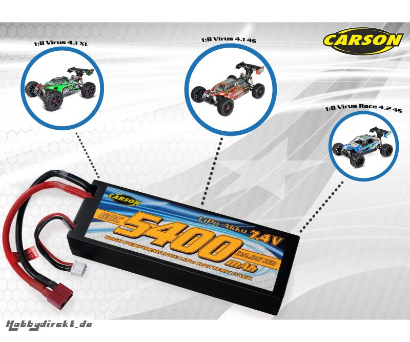 7,4V/5400mAh 60C LiPO Race Akku T-Pl. HC Carson 608234 500608234