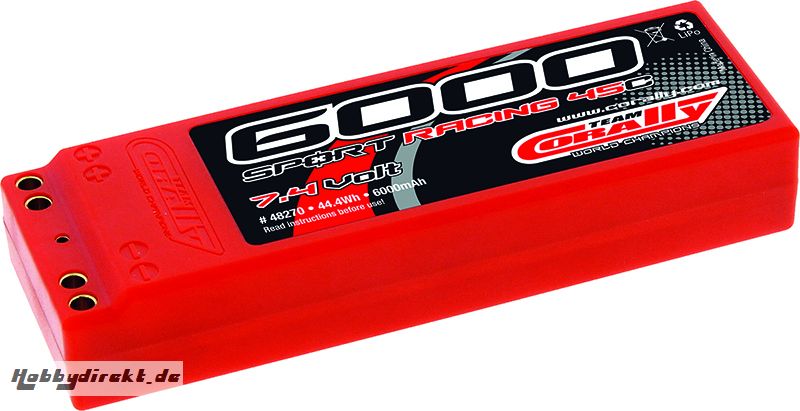 Team Corally - Sport Racing 45C - 6000 mAh - 7,4V 2S - Wettbewerbs Li-Po Akku - Stick Hardcase - Dual Gold Buchse 4mm C-48270