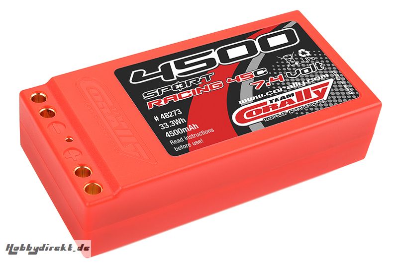 Team Corally - Sport Racing 45C - 4500 mAh - 7,4V 2S - Wettbewerbs Li-Po Akku - Stick Shorty Hardcase - Dual Gold Buchse 4mm C-48273