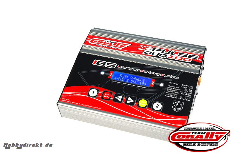 Team Corally - X-Pulse 100 Duo Charger, AC/DC, 2X100W, Lcd Screen, (2X) 2-6 Li-Xx, 1-15 Ni-Xx C-48501