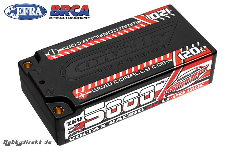 Team Corally - Voltax 120C LiPo HV Battery - 5000 mAh - 7.6V - Shorty 2S - 4mm Bullit C-49605