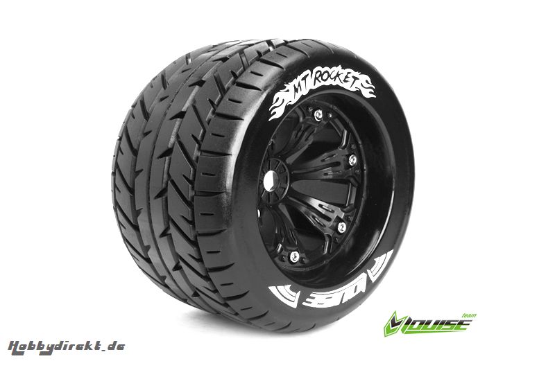 Louise RC - MT-ROCKET - 1-8 Monster Truck Reifen - Fertig Verklebt - Medium - 3.8 Felgen Schwarz - 1/2-Offset - EP E-REVO Vorder - Hinten - EP SUMM