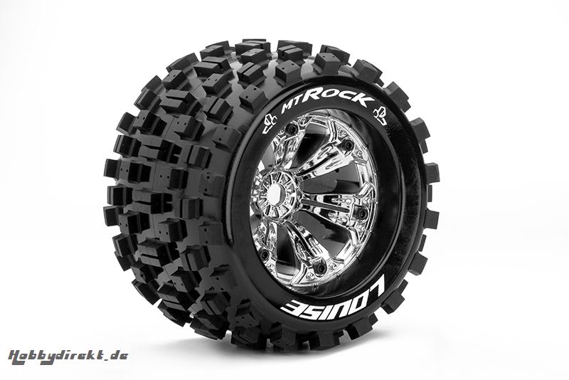 Louise RC - MT-ROCK - 1-8 Monster Truck Reifen - Fertig Verklebt - Medium - 3.8 Felgen Chrom - 0-Offset - EP E-MAXX Vorder - Hinten - GP REVO 3.3 Vo