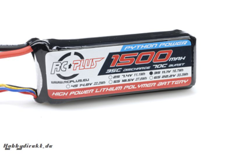 RC Plus - Python Power 35C 1500 Mah 3S1P 11,1V LiPo Batterypack, Deans Conn. RC-A35-1500-3S1P