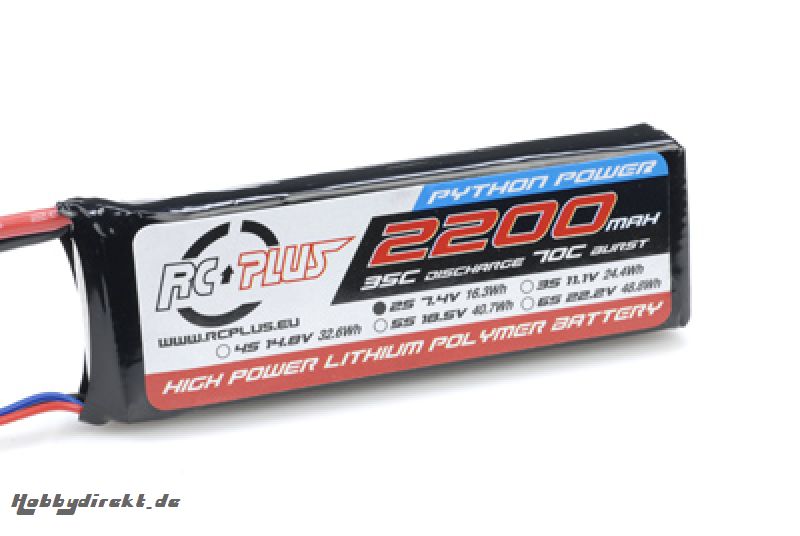 RC Plus - Li-Po Akku - Python Power 35C - 2200 mAh - 2S1P - 7,4V - Deans Stecker RC-A35-2200-2S1P