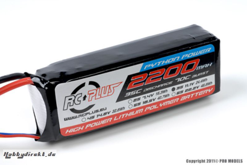 RC Plus - Li-Po Akku - Python Power 35C - 2200 mAh - 3S1P - 11,1V - Deans Stecker RC-A35-2200-3S1P