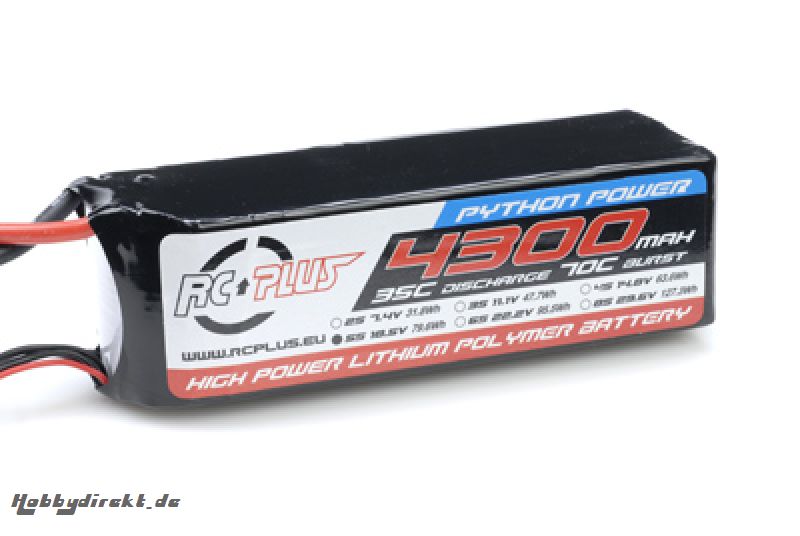 RC Plus - Li-Po Akku - Python Power 35C - 4300 mAh - 5S1P - 18,5V - Deans Stecker RC-A35-4300-5S1P