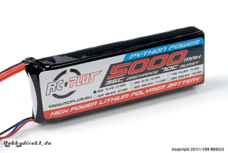 RC Plus - Li-Po Akku - Python Power 35C - 5000 mAh - 2S1P - 7,4V - Deans Stecker RC-A35-5000-2S1P