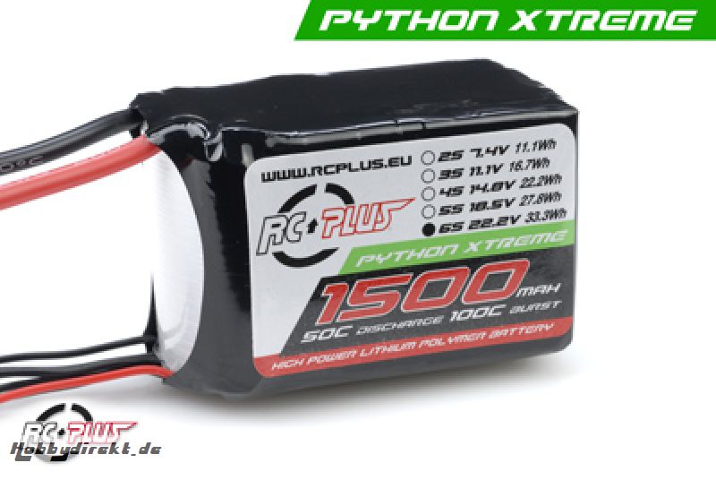 RC Plus - Li-Po Akku - Python X-Treme 55C - 1500 mAh - 6S1P - 22,2V - Deans Stecker RC-A50-1500-6S1P