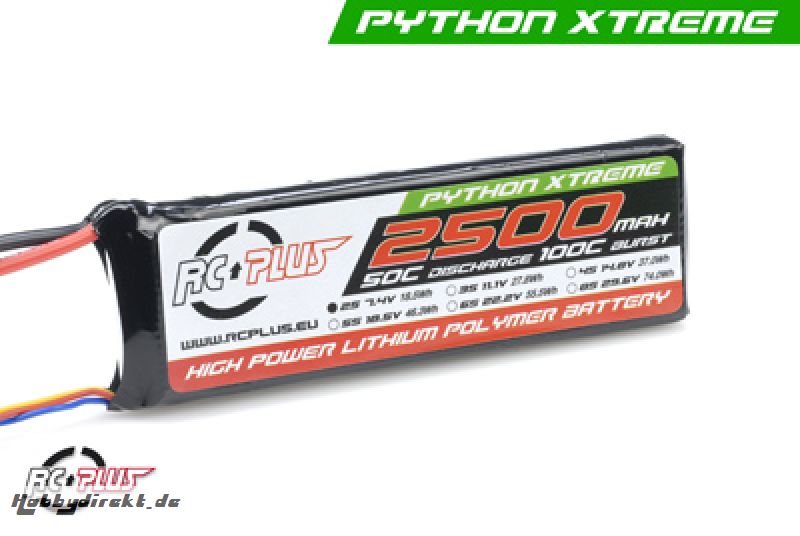 RC Plus - Python X-Treme 55C 2500 Mah 2S1P 7,4V LiPo Batterypack, Deans Conn. RC-A50-2500-2S1P