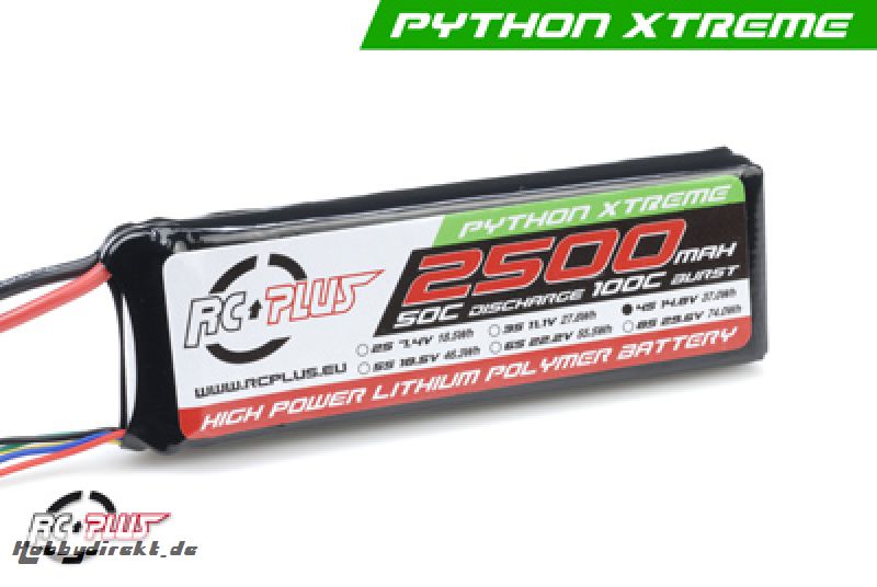 RC Plus - Python X-Treme 55C 2500 Mah 4S1P 14,8V LiPo Batterypack, Deans Conn. RC-A50-2500-4S1P