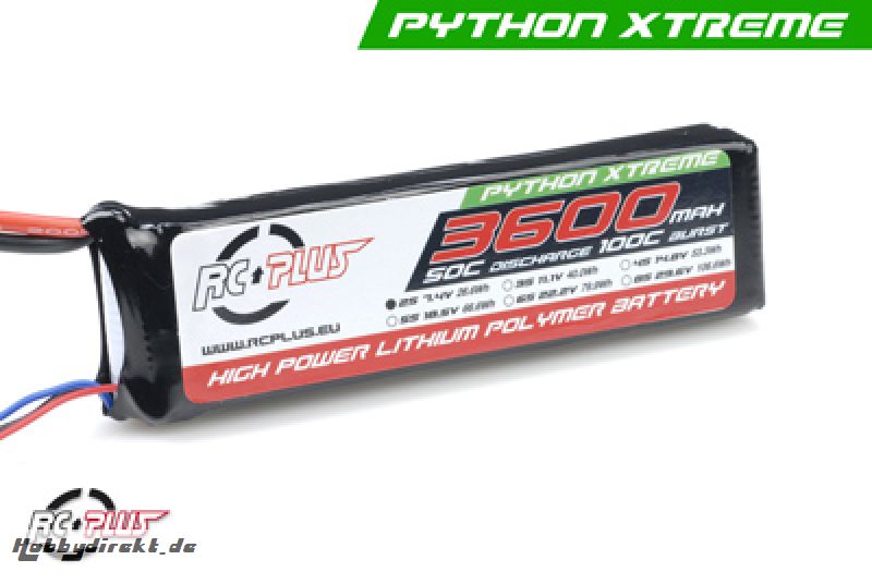 RC Plus - Python X-Treme 55C 3600 Mah 2S1P 7,4V LiPo Batterypack, Deans Conn. RC-A50-3600-2S1P