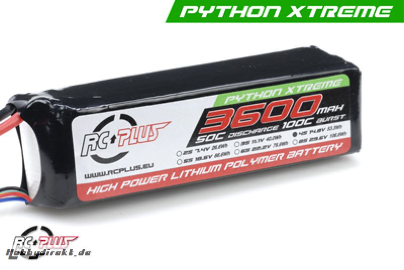 RC Plus - Li-Po Akku - Python X-Treme 55C - 3600 mAh - 4S1P - 14,8V - Deans Stecker RC-A50-3600-4S1P