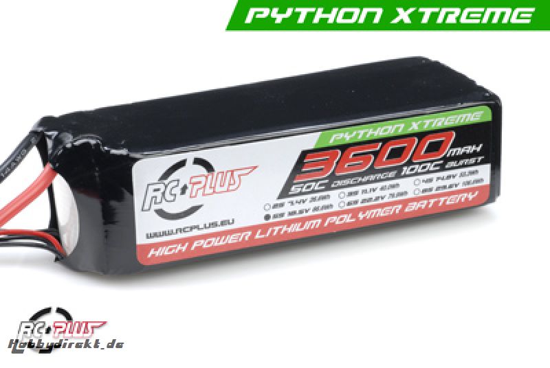 RC Plus - Li-Po Akku - Python X-Treme 55C - 3600 mAh - 5S1P - 18,5V - Deans Stecker RC-A50-3600-5S1P