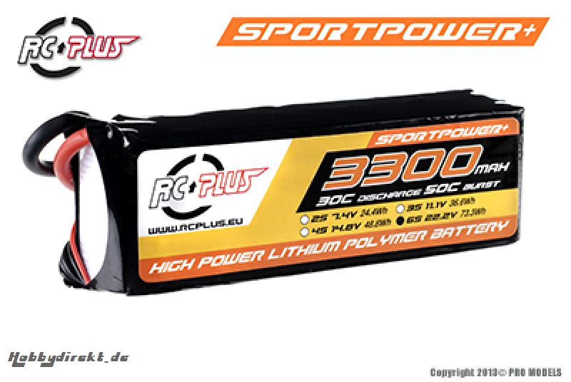 RC Plus - Li-Po Akku - Sportsline 30C - 3300 mAh - 6S1P - 22,2V - Deans Stecker RC-S30-3300-6S1P