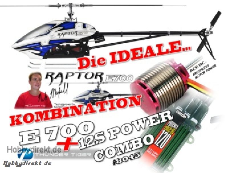 E700 RAPTOR FBL Elektro Heli Kit & 12S Antriebs-Set Thunder Tige