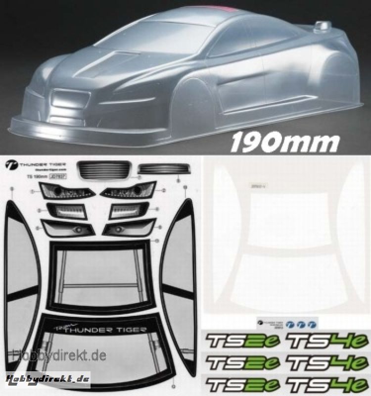 Karosserie 1:10 Tourenwagen 190mm, unlackiert mit Decal Thunder Tiger PD7511