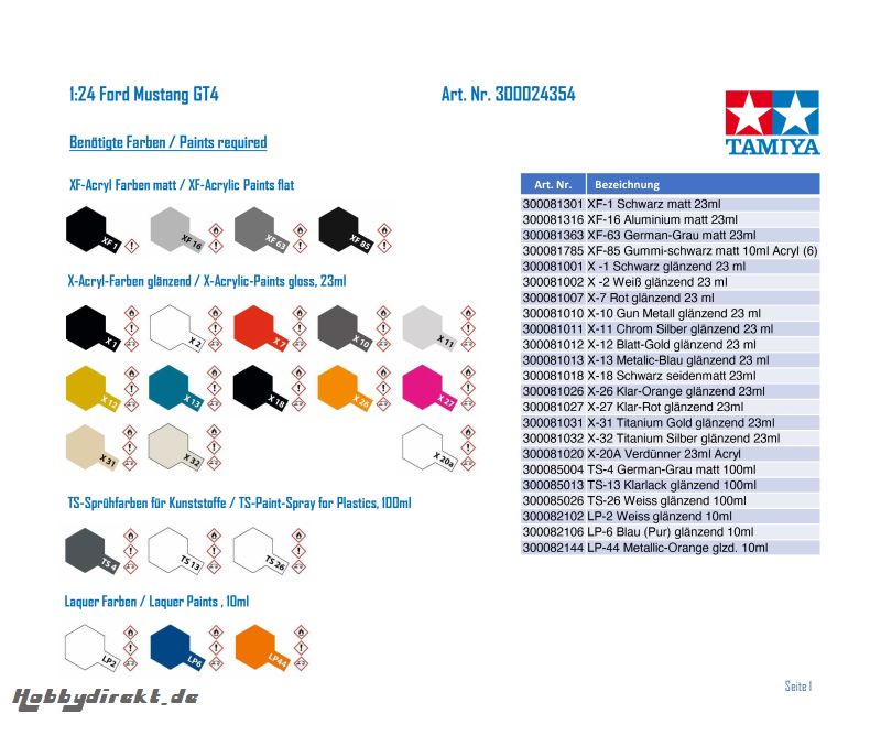 1:24 Ford Mustang GT4 Tamiya 24354 300024354