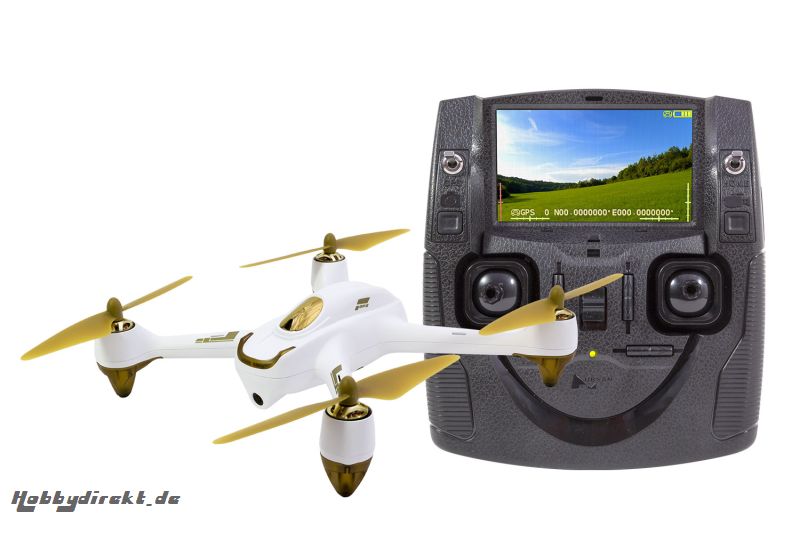 Hubsan X4 FPV Brushless Quadrocopter weiß - RTF-Drohne mit HD-Kamera, GPS, Follow-Me, Akku, Ladegerät und Fernsteuerung mit integriertem Farbmonitor