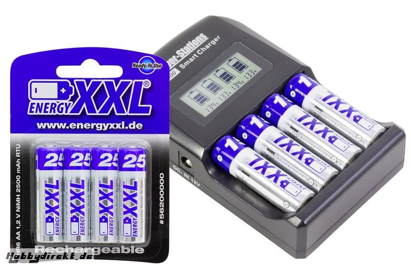 XciteRC Ladegerät für AA/AAA/9V-Akkus inkl. energyXXL Mignon Akkus 2500 mAh RTU Typ AA 1,2V 4 Stück XciteRC 52000013