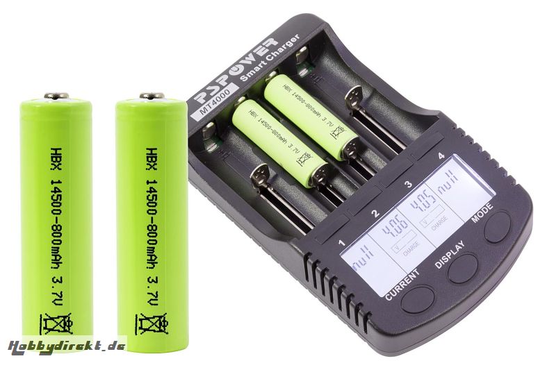 XciteRC Ladegerät für NiMH AA/AAA/SC/C und LiIo mit USB-Ausgang,  Kapazitätsanzeige und Innenwiderstandstest, Ladestrom max. 1000 mAh inkl. energyXXL