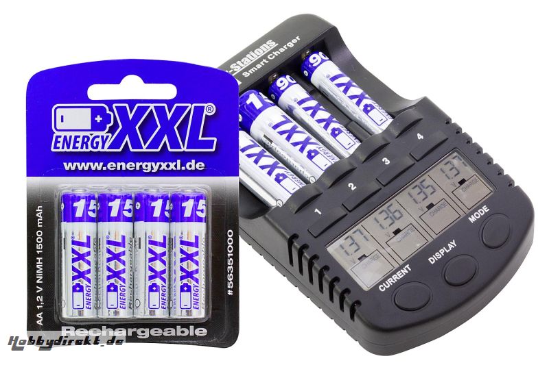 XciteRC Ladegerät für AA/AAA-Akkus mit USB-Ausgang, Kapazitätsanzeige und Entlademodus, Ladestrom max. 1000 mA inkl. energyXXL Mignon Akkus 1500 mAh