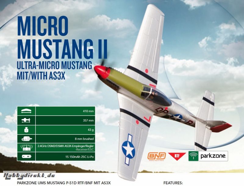 Parkzone Ultra-Micro P-51D Mustang BNF mit AS3X Horizon PKZU2480