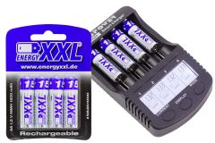 XciteRC Ladegerät für NiMH AA/AAA/SC/C und LiIo mit USB-Ausgang,  Kapazitätsanzeige und Innenwiderstandstest, Ladestrom max. 1000 mAh inkl. energyXXL