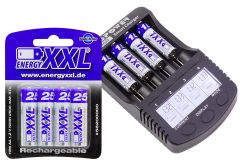 XciteRC Ladegerät für NiMH AA/AAA/SC/C und LiIo mit USB-Ausgang,  Kapazitätsanzeige und Innenwiderstandstest, Ladestrom max. 1000 mAh inkl. energyXXL