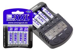 XciteRC Ladegerät für AA/AAA-Akkus mit USB-Ausgang, Kapazitätsanzeige und Entlademodus, Ladestrom max. 1000 mA  inkl. energyXXL Mignon Akkus 2500 mAh